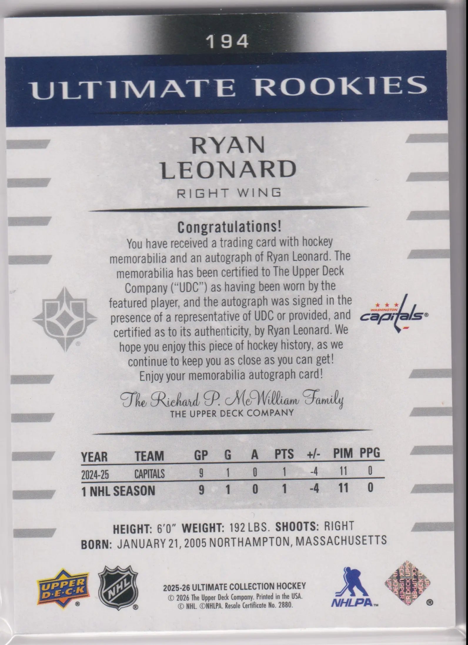 2025-26 Upper Deck Ultimate Rookies Patch Autograph Ryan Leonard Auto /49 RC 