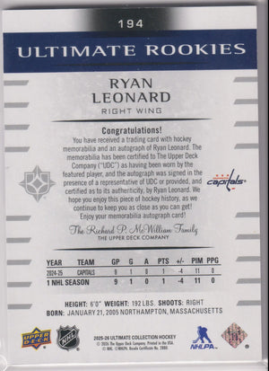 2025-26 Upper Deck Ultimate Rookies Patch Autograph Ryan Leonard Auto /49 RC 