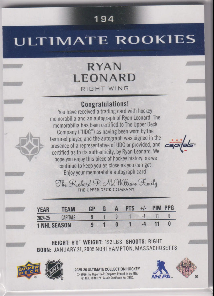 2025-26 Upper Deck Ultimate Rookies Patch Autograph Ryan Leonard Auto /49 RC 