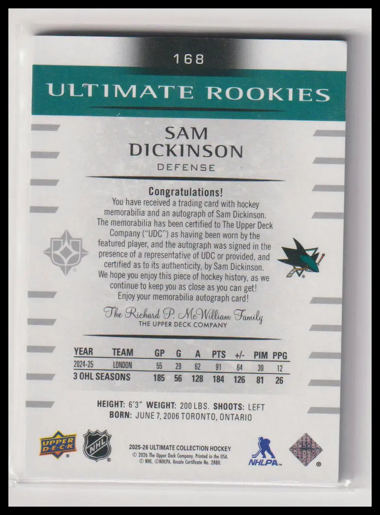 2025-26 Upper Deck Ultimate Rookies Patch Autograph Sam DIckinson Auto /99 RC 