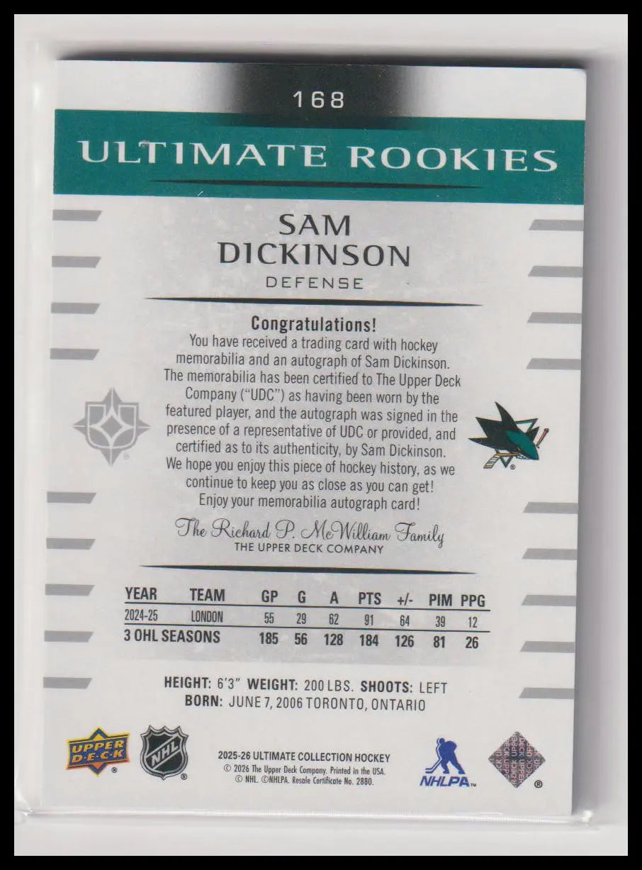 2025-26 Upper Deck Ultimate Rookies Patch Autograph Sam DIckinson Auto /99 RC 