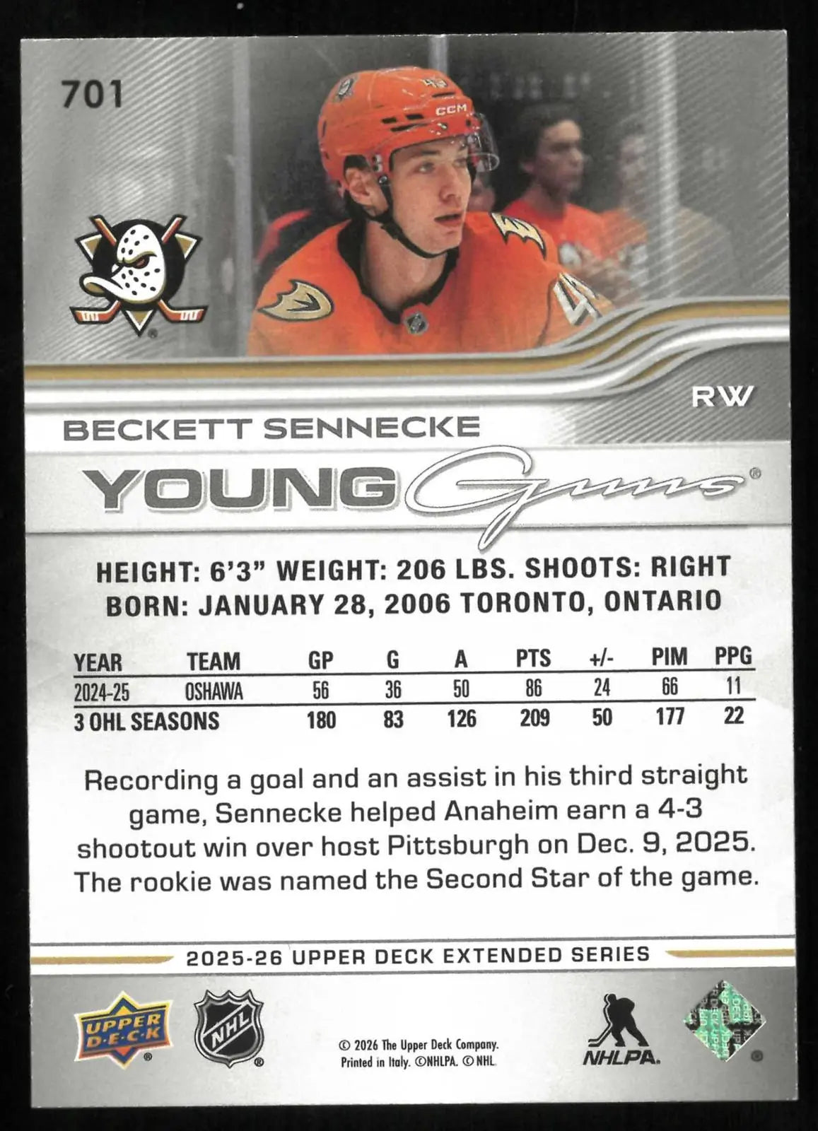 2025-26 Upper Deck Young Guns Rookie Beckett Sennecke UD Exclusives /100 