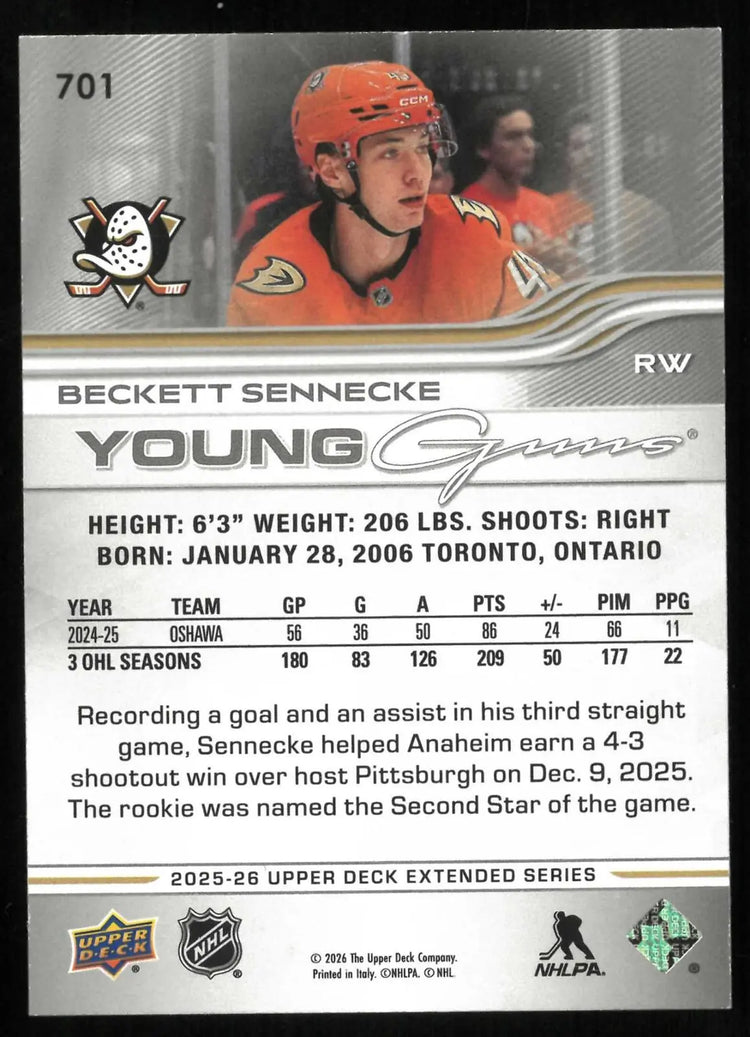 2025-26 Upper Deck Young Guns Rookie Beckett Sennecke UD Exclusives /100 