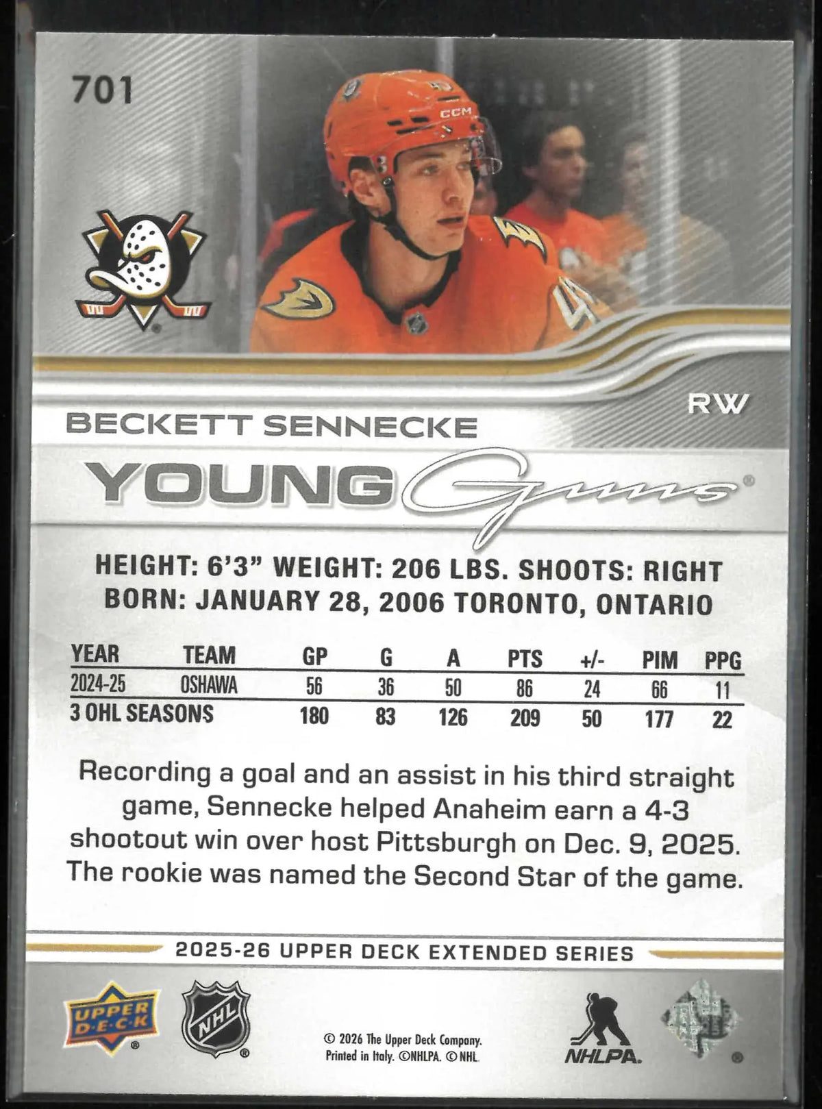2025-26 Upper Deck #701 Beckett Sennecke Young Guns Rookie 