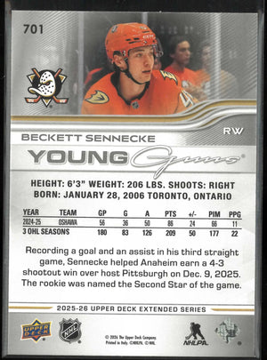 2025-26 Upper Deck #701 Beckett Sennecke Young Guns Rookie 