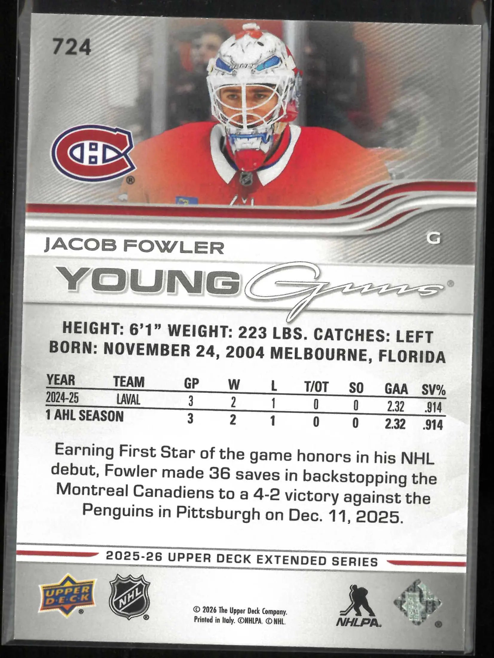 2025-26 Upper Deck #724 Jacob Fowler Young Guns Rookie 