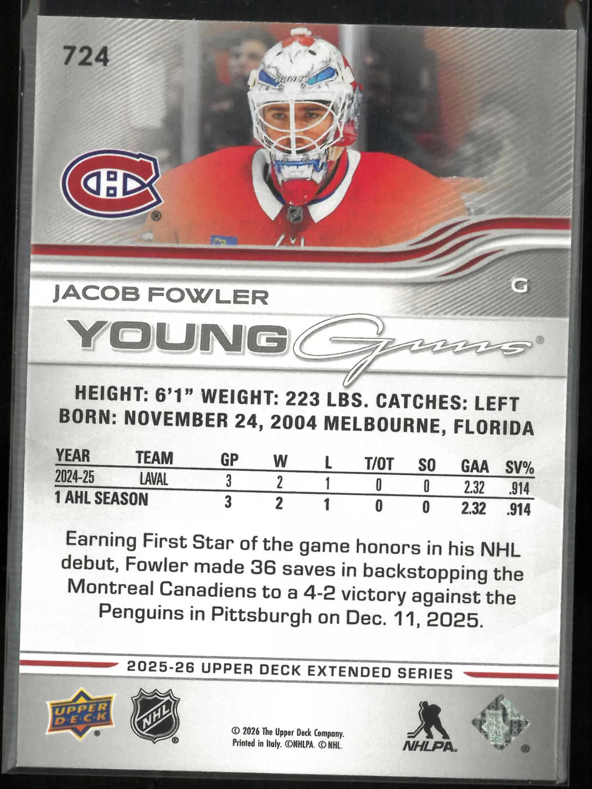 2025-26 Upper Deck #724 Jacob Fowler Young Guns Rookie 