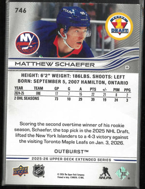 2025-26 Upper Deck #746 Matthew Schaefer Outburst Silver Rookie 