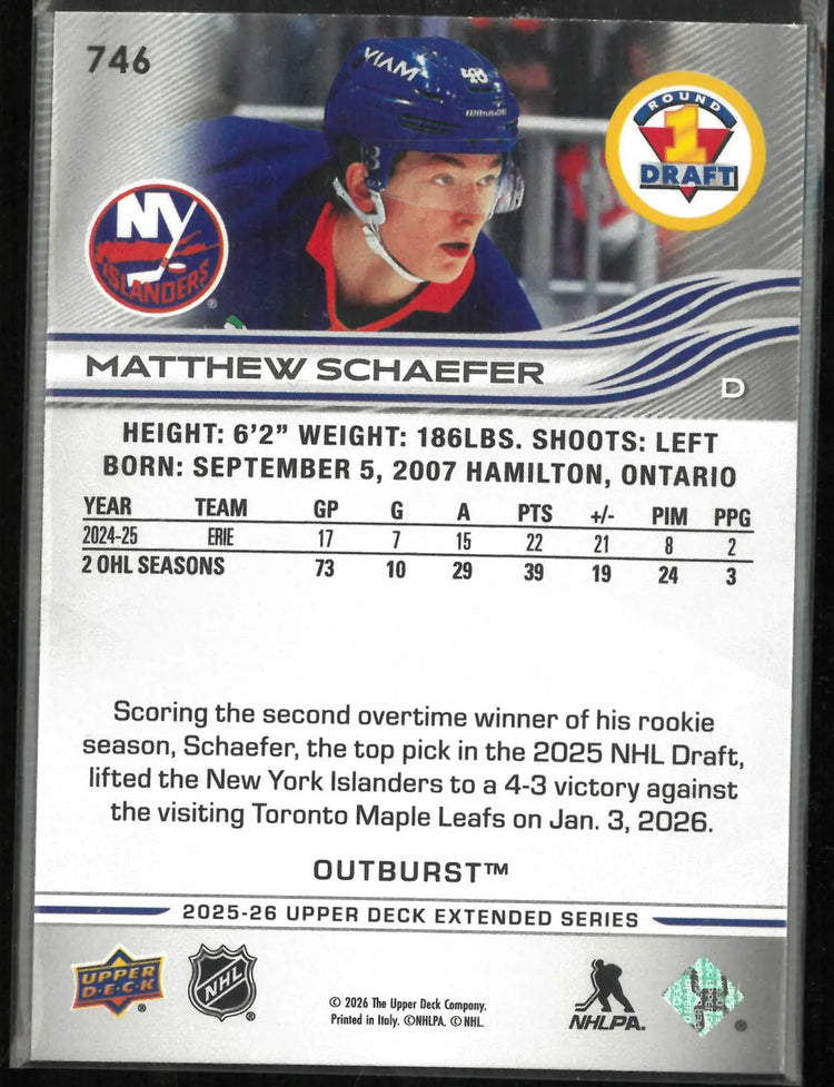 2025-26 Upper Deck #746 Matthew Schaefer Outburst Silver Rookie 
