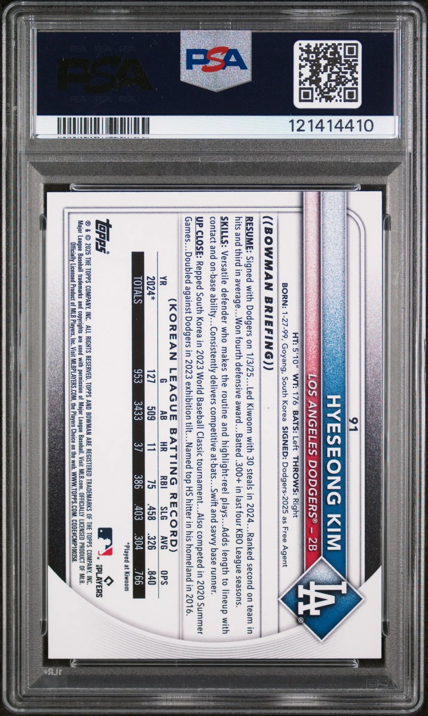 2025 Bowman Baseball Hyeseong Kim RC Paper Green Pattern /99 PSA 8 