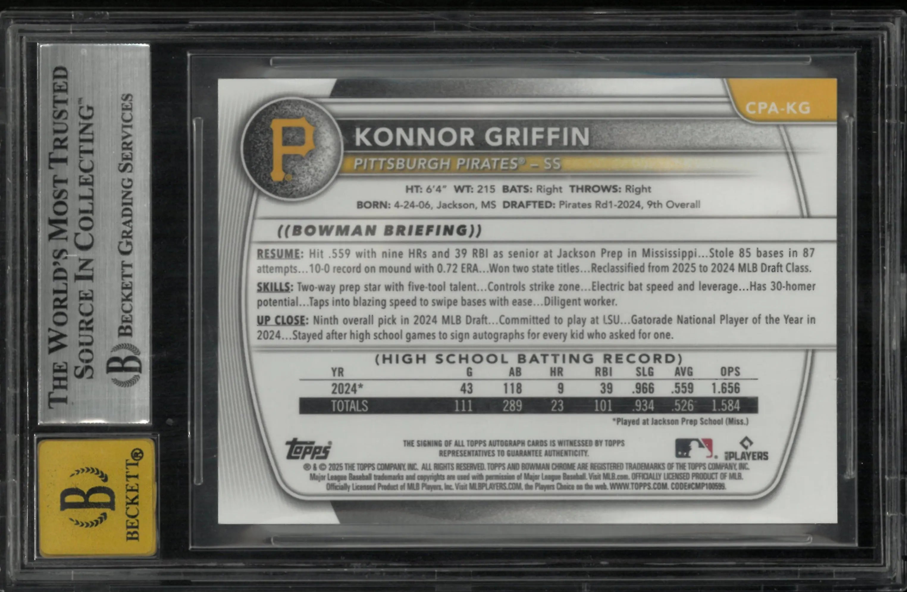 2025 Bowman Chrome Auto Green Reptilian Refractor Konnor Griffin RC BGS 8.5 /99 