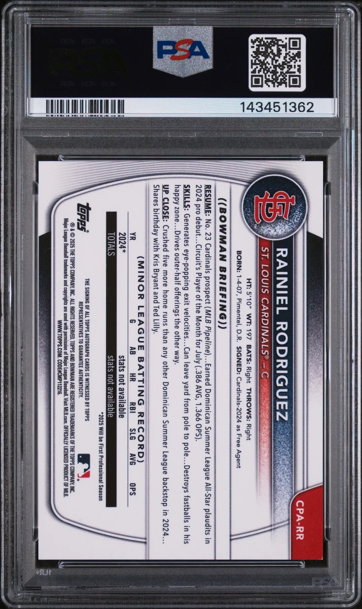 2025 Bowman Chrome Prospect Auto Rainiel Rodriguez RC HTA Choice /150 PSA 9 