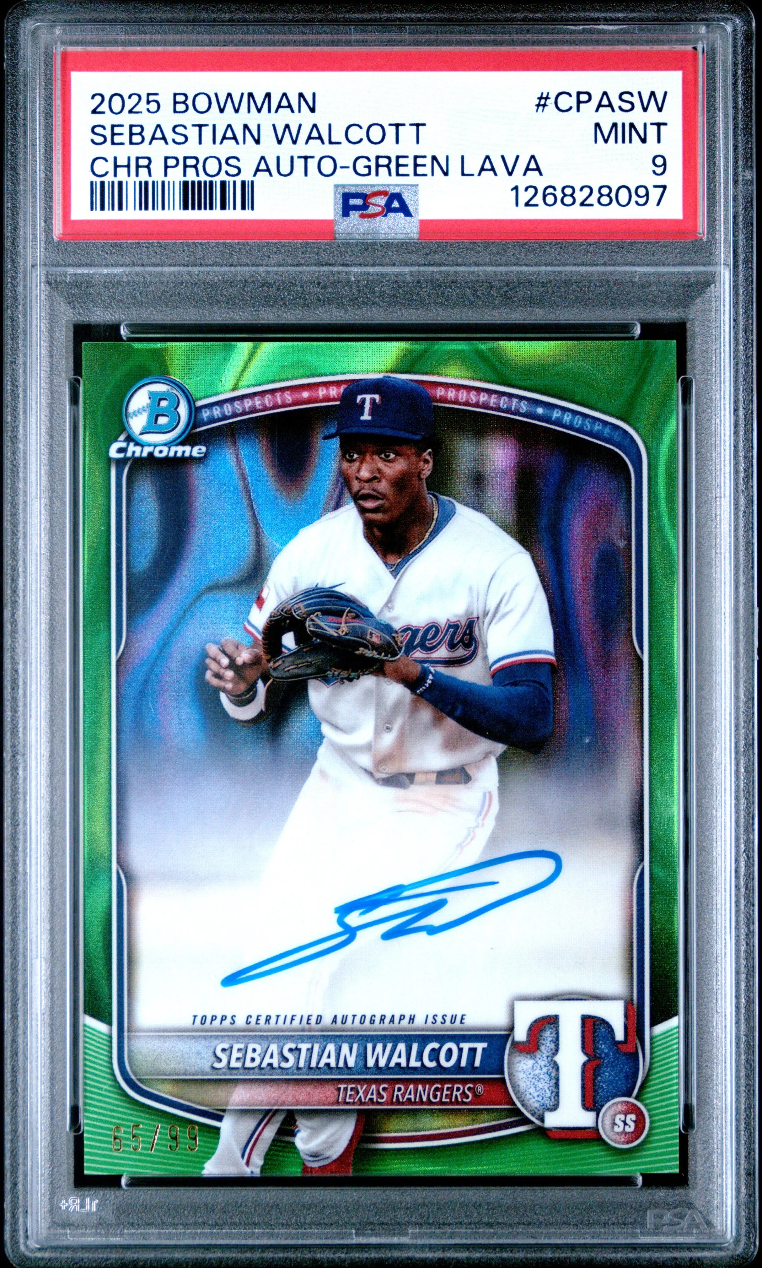 2025 Bowman Chrome Prospect Autographs Sebastian Walcott Green Lava /99 PSA 9 