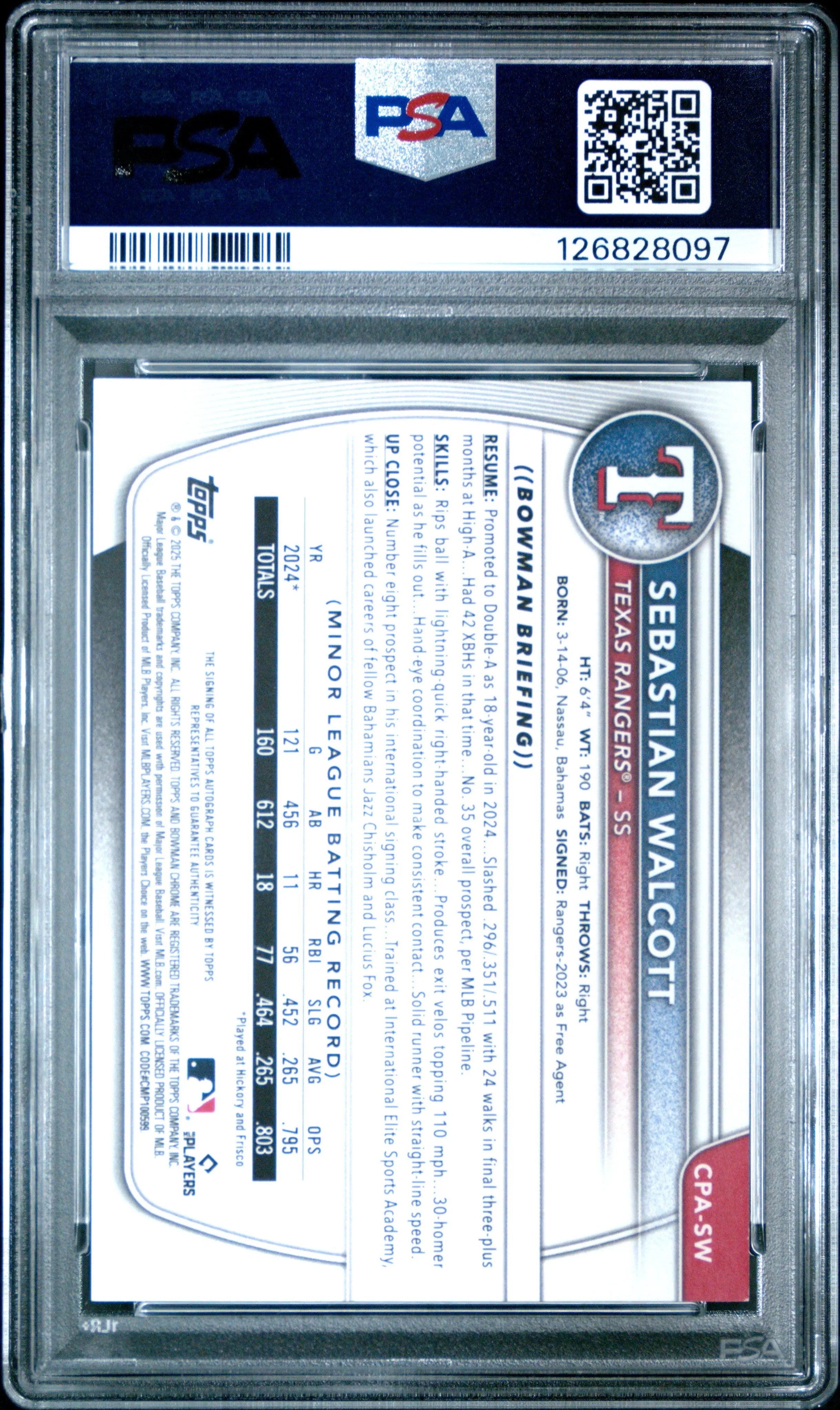 2025 Bowman Chrome Prospect Autographs Sebastian Walcott Green Lava /99 PSA 9 