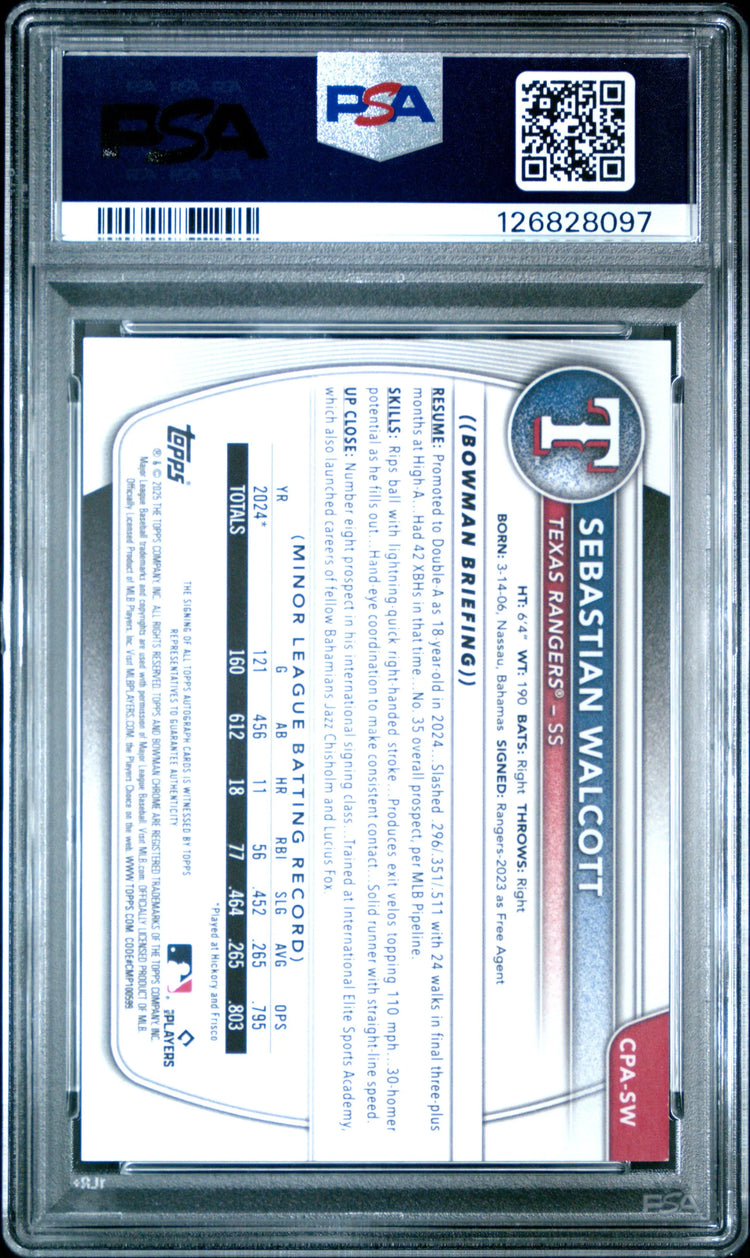 2025 Bowman Chrome Prospect Autographs Sebastian Walcott Green Lava /99 PSA 9 
