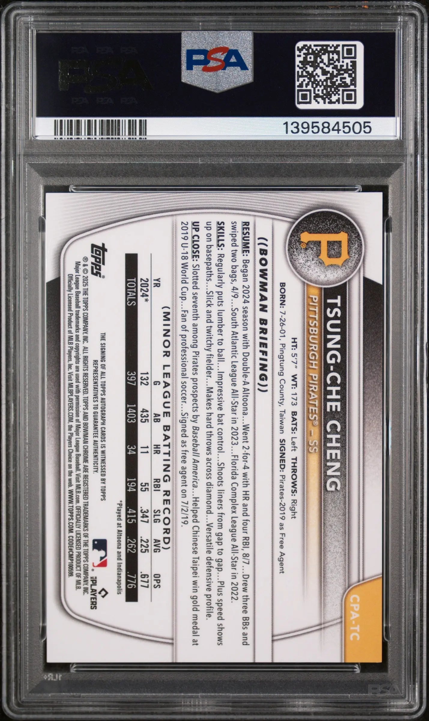 2025 Bowman Chrome Prospect Autographs Tsung-Che Cheng  Auto #CPATC PSA 10 