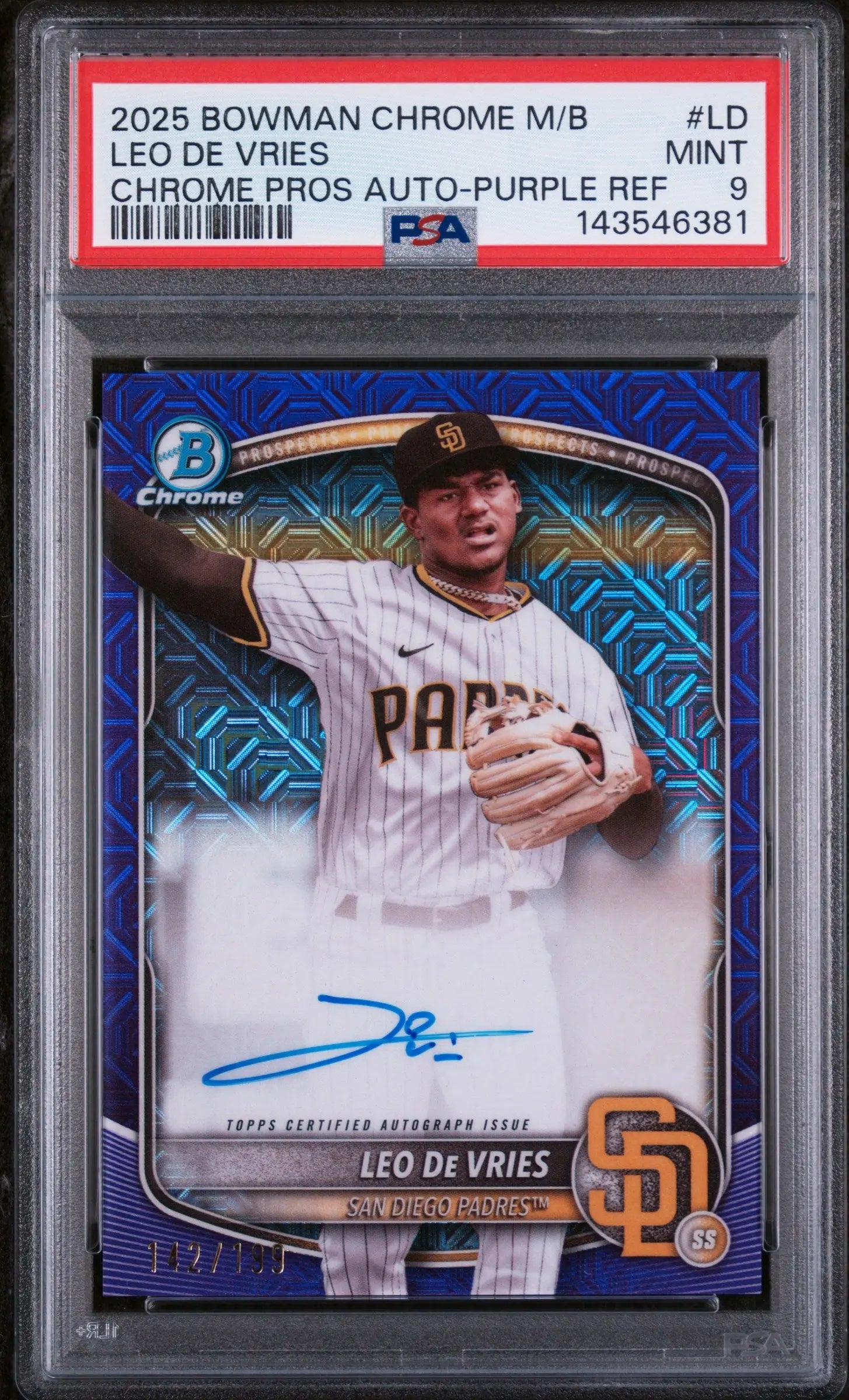 2025 Bowman Chrome Prospects Autographs Leo De Vries Purple Mojo /199 PSA 9 