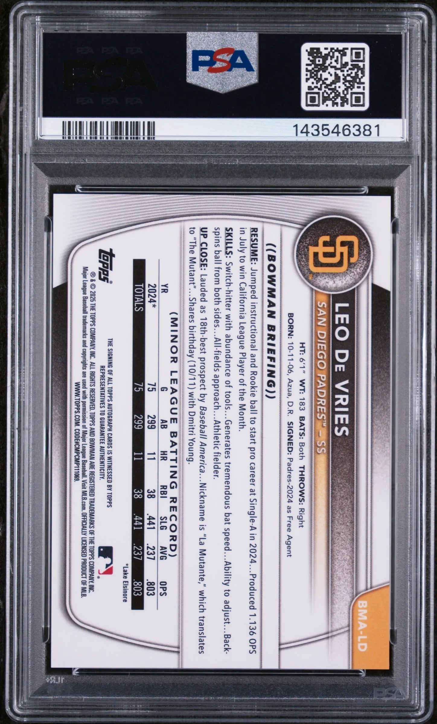 2025 Bowman Chrome Prospects Autographs Leo De Vries Purple Mojo /199 PSA 9 