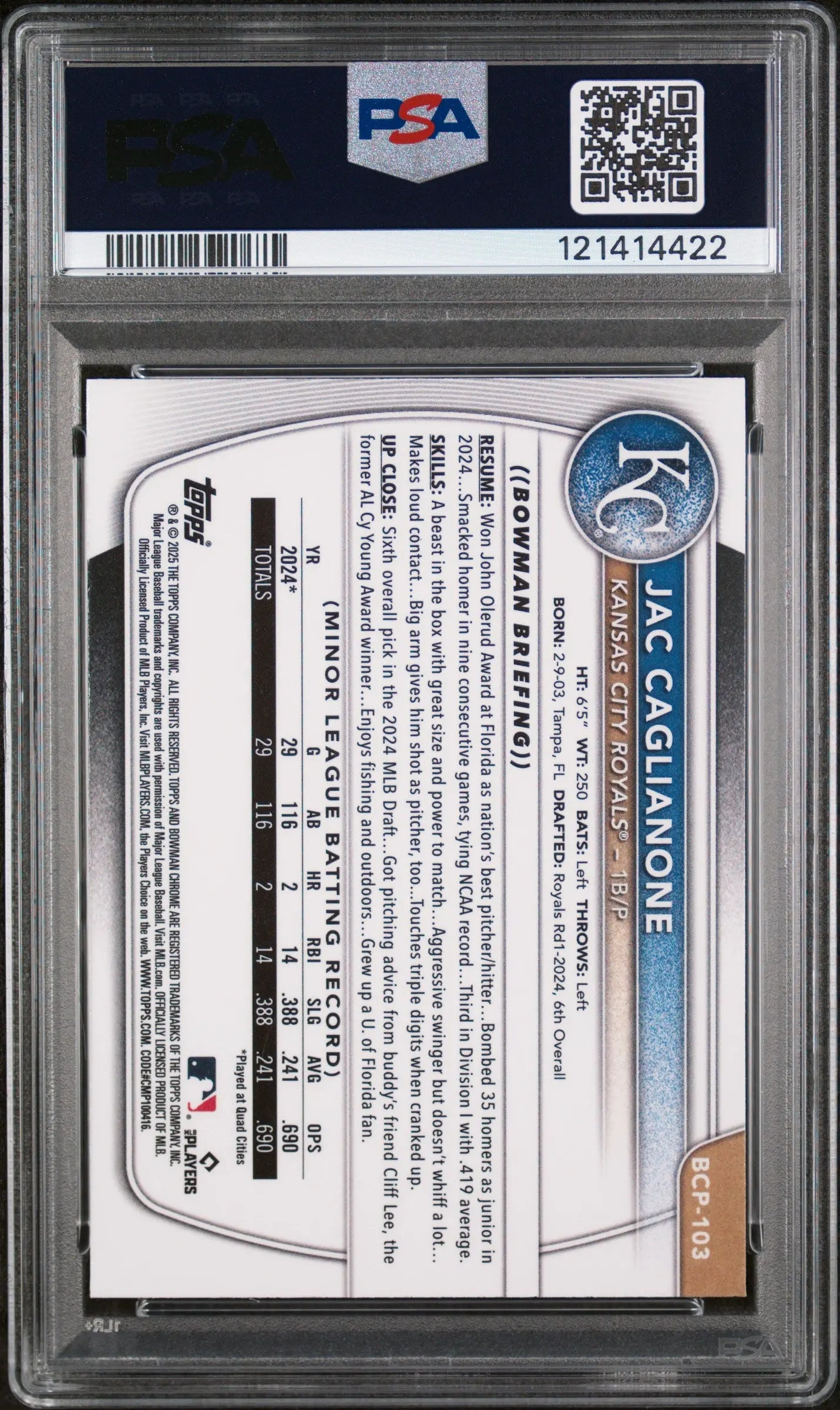 2025 Bowman Chrome Prospects Jac Caglianone Fuchsia Wave /199 PSA 10 