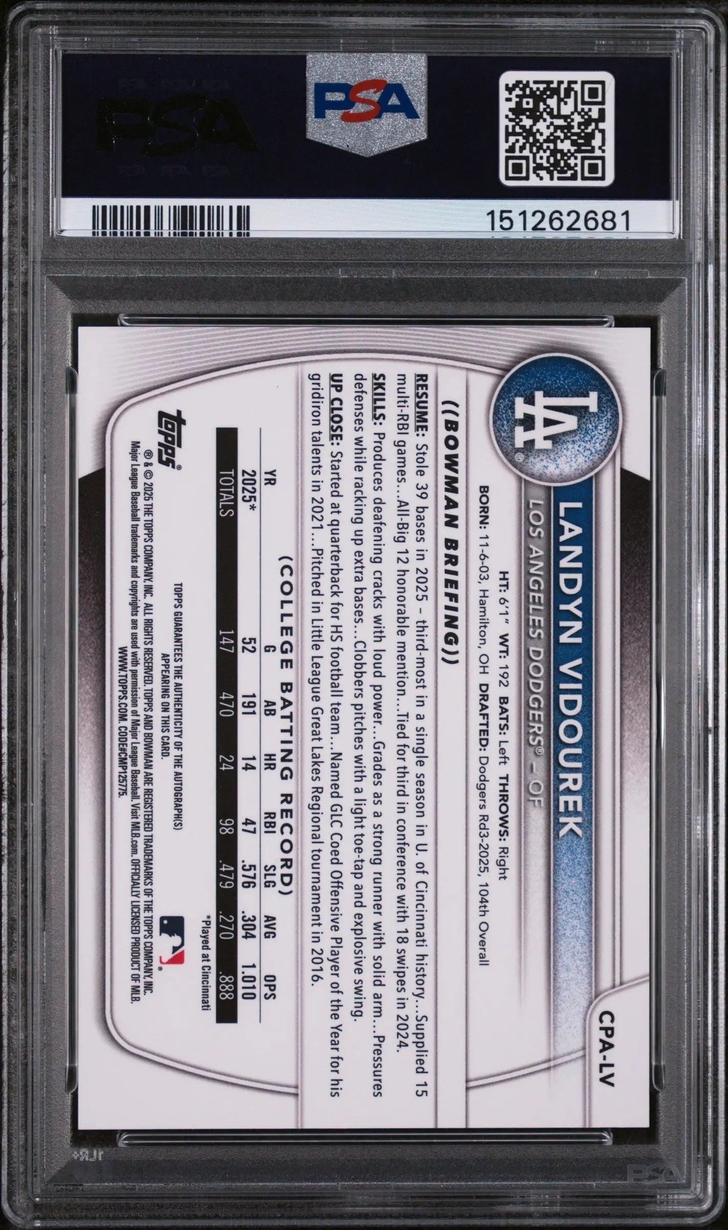 2025 Bowman Draft Chrome Prospect Autographs Landyn Vidourek Auto PSA 9 