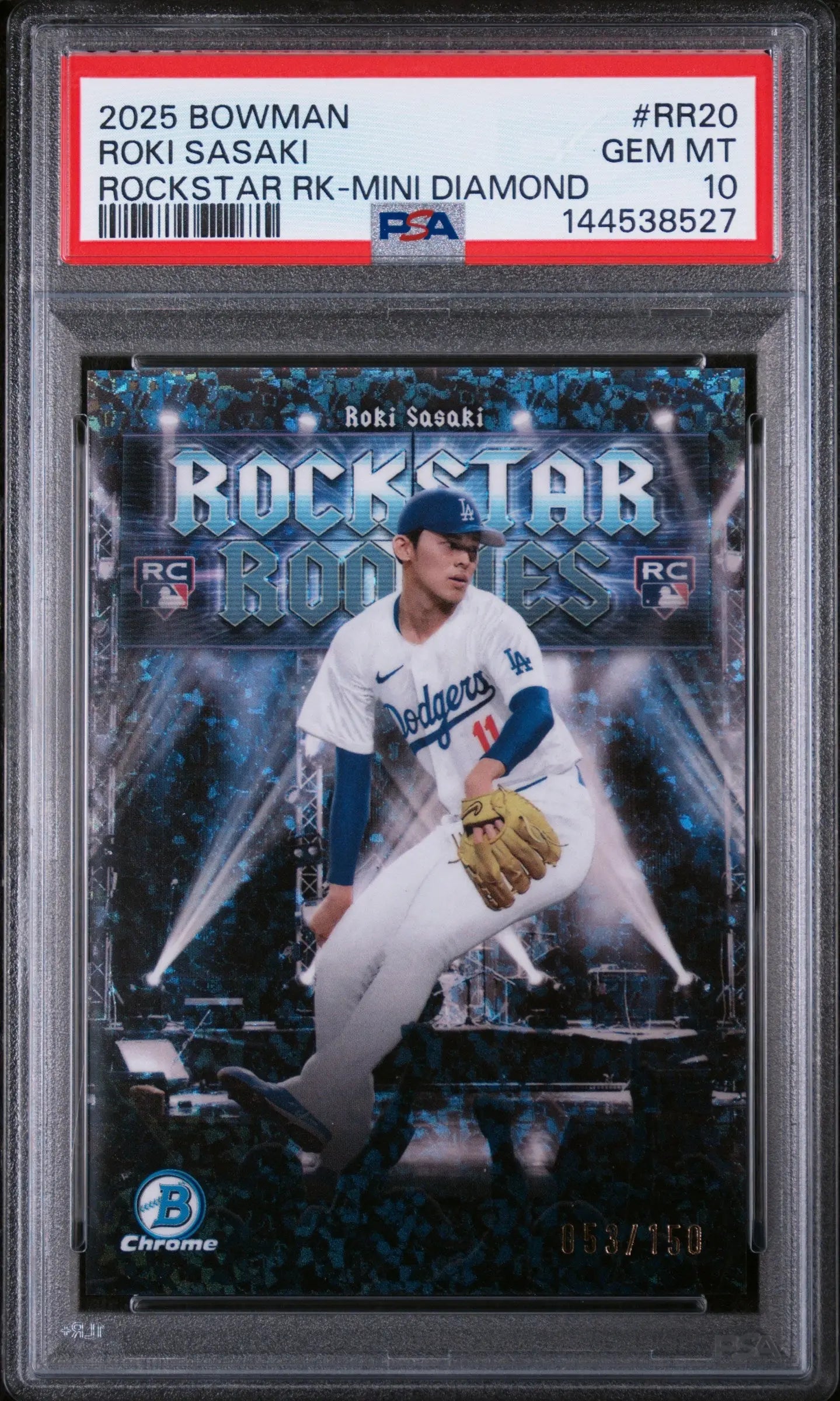 2025 Bowman Rockstar Rookies RC Roki Sasaki Rock Star Mini Diamond /150 PSA 10 