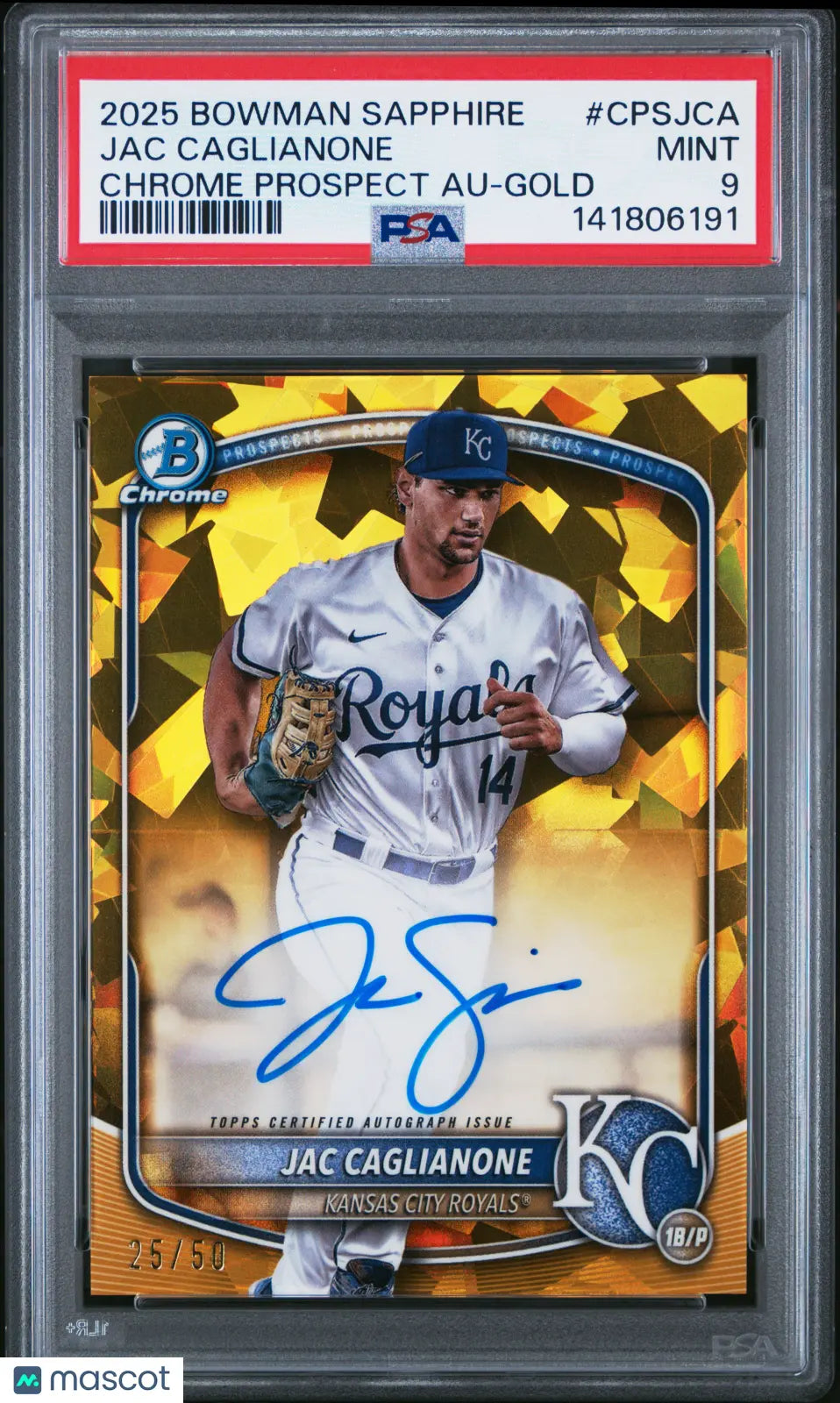 2025 Bowman Sapphire Chrome Prospects Rookie Auto Jac Caglianone Gold /50 PSA 9 