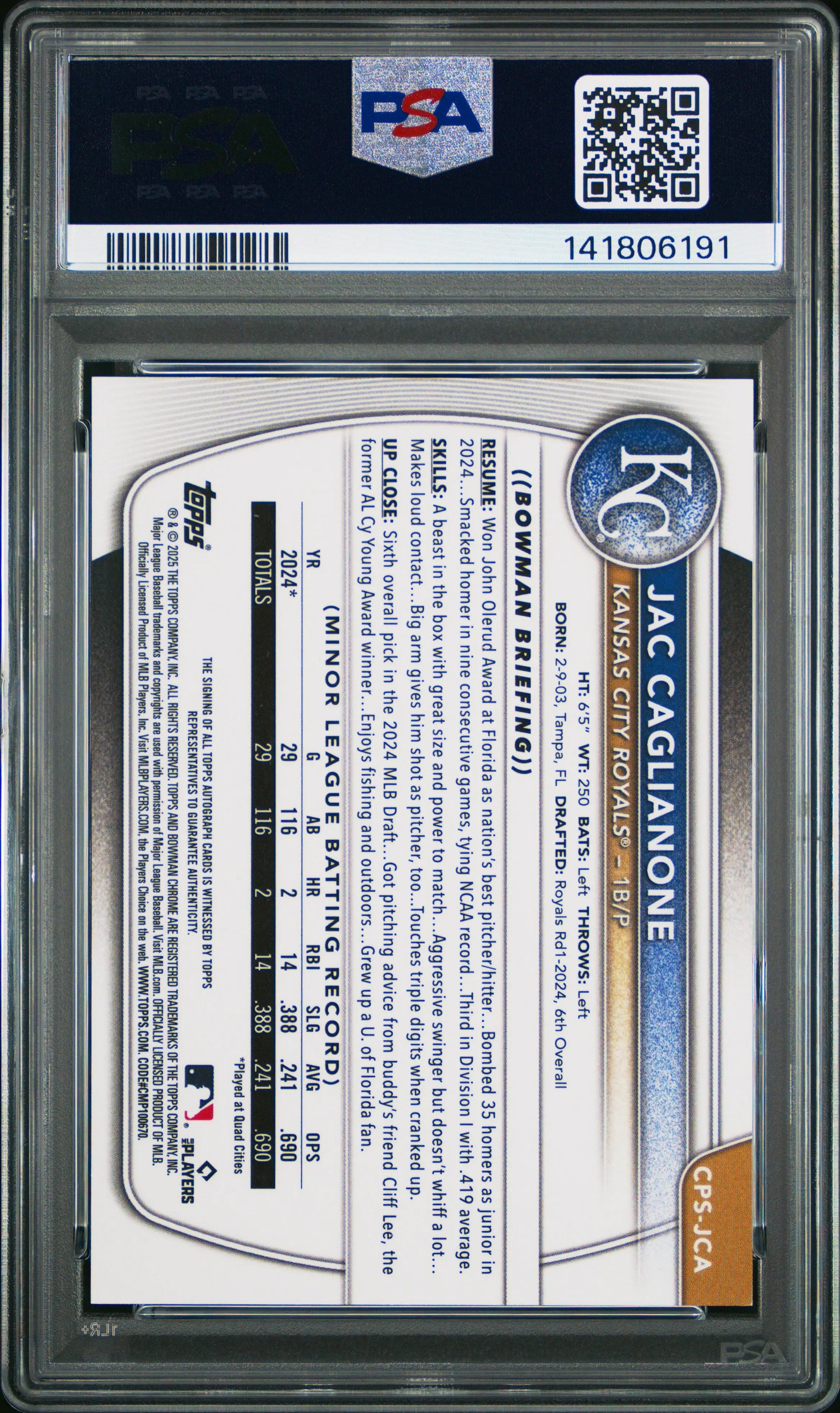 2025 Bowman Sapphire Chrome Prospects Rookie Auto Jac Caglianone Gold /50 PSA 9 