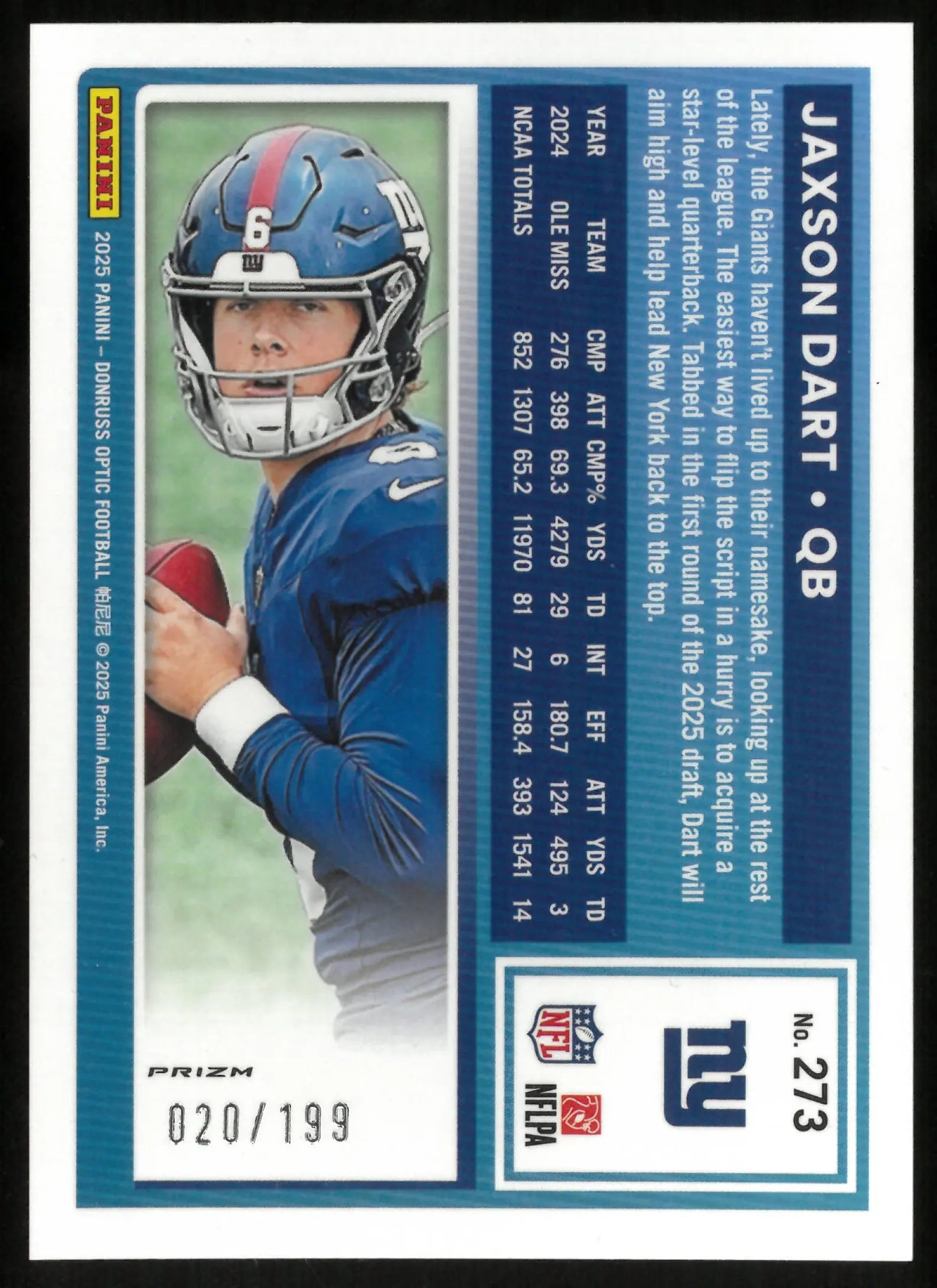 2025 Donruss Optic Football Jaxson Dart Lime Green Rated Rookie RC /199 