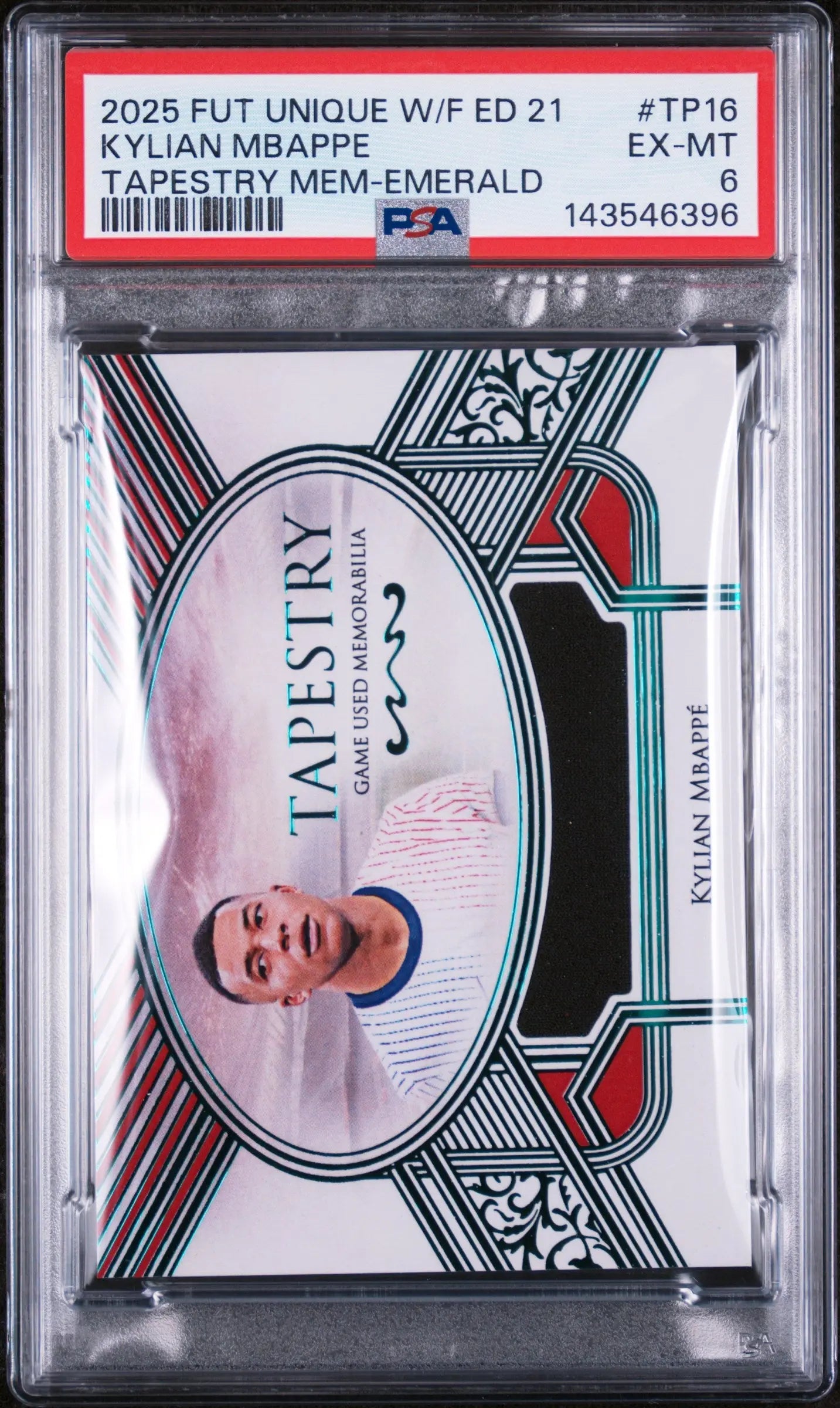 2025 Futera Unique WF Ed. Tapestry Memorabilia Kylian Mbappe Emerald /15 PSA 6 
