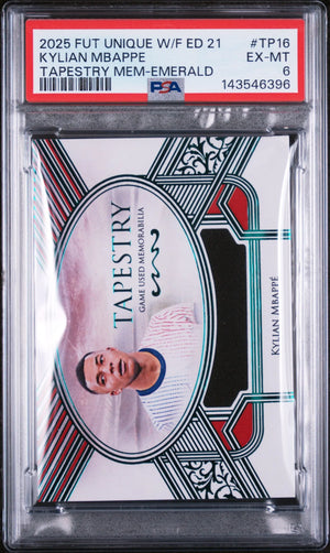 2025 Futera Unique WF Ed. Tapestry Memorabilia Kylian Mbappe Emerald /15 PSA 6 