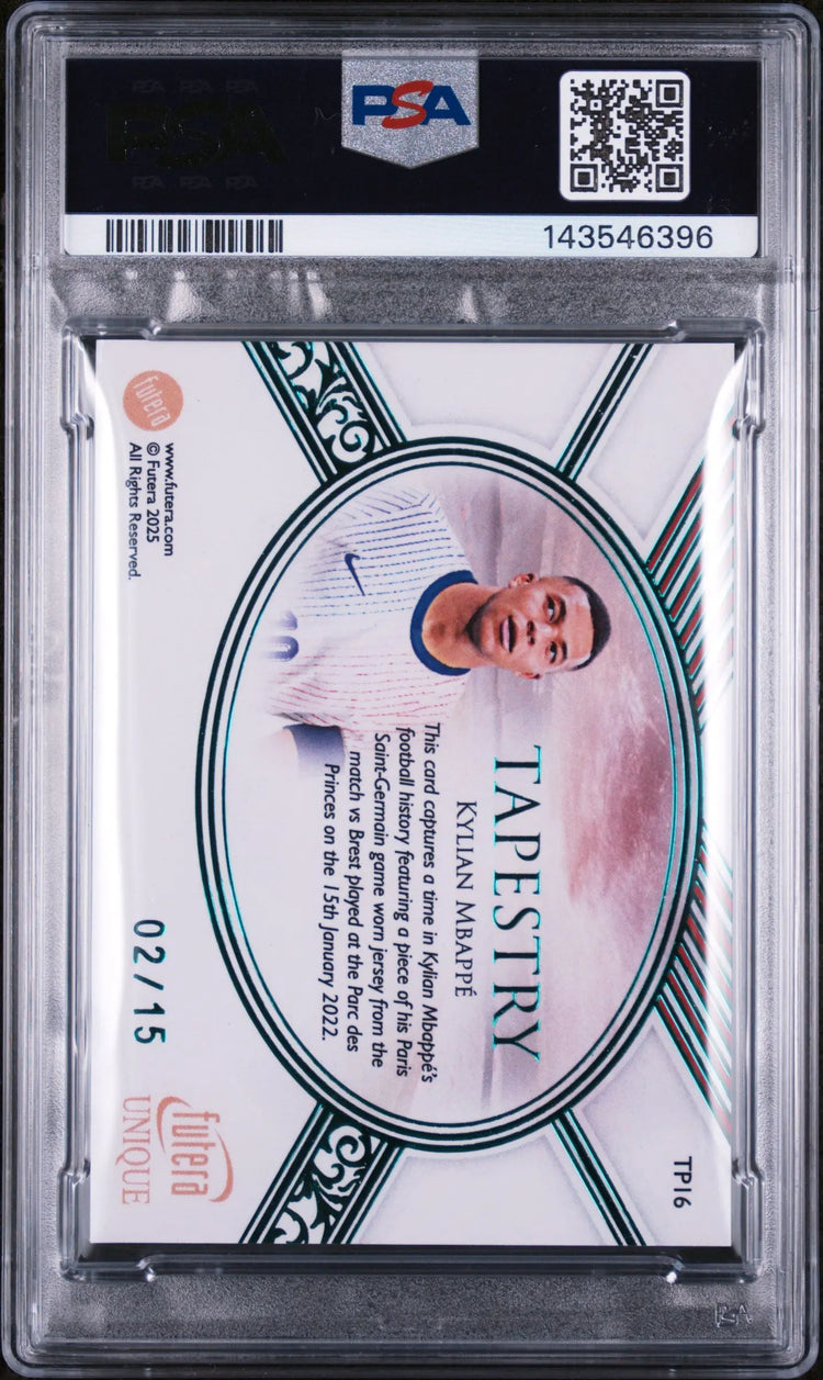 2025 Futera Unique WF Ed. Tapestry Memorabilia Kylian Mbappe Emerald /15 PSA 6 