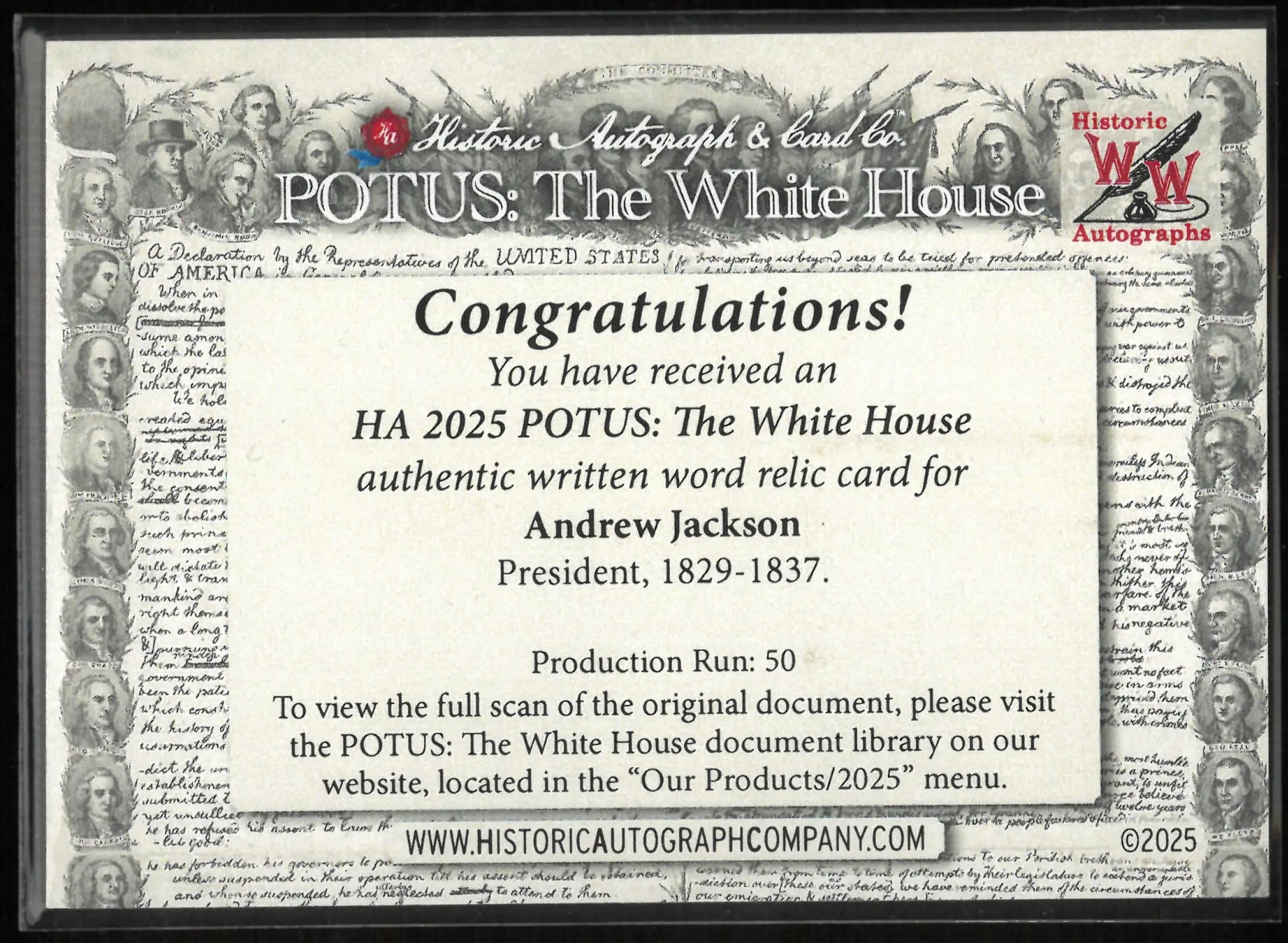 2025 Historic Autograph POTUS: The White House Written Word Relic Andrew Jackson President 