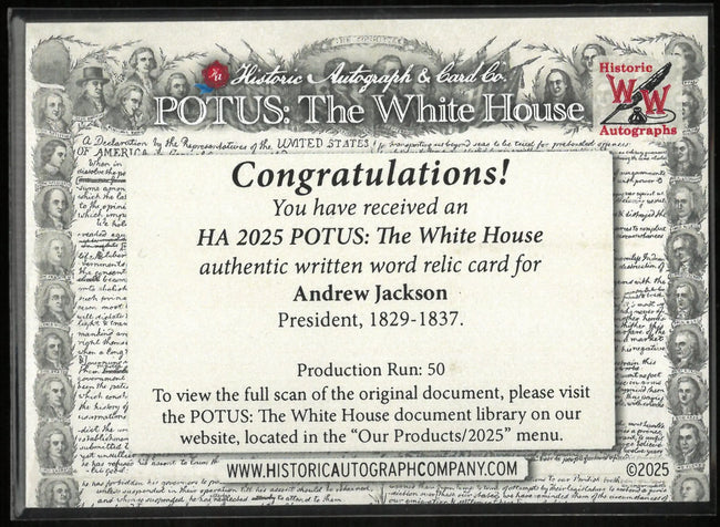 Andrew Jackson Historic Autograph Relic | 2025 POTUS Collectible