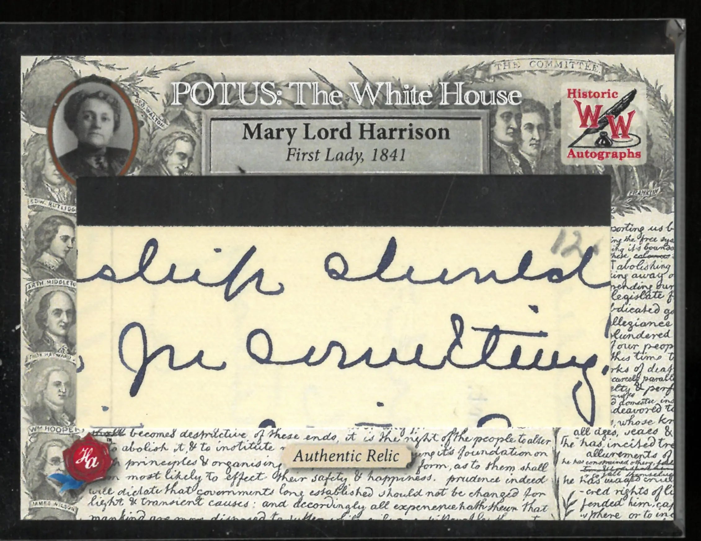 2025 Historic Autograph POTUS: The White House Written Word Relic Mary Lord Harrison 1841 20/88 