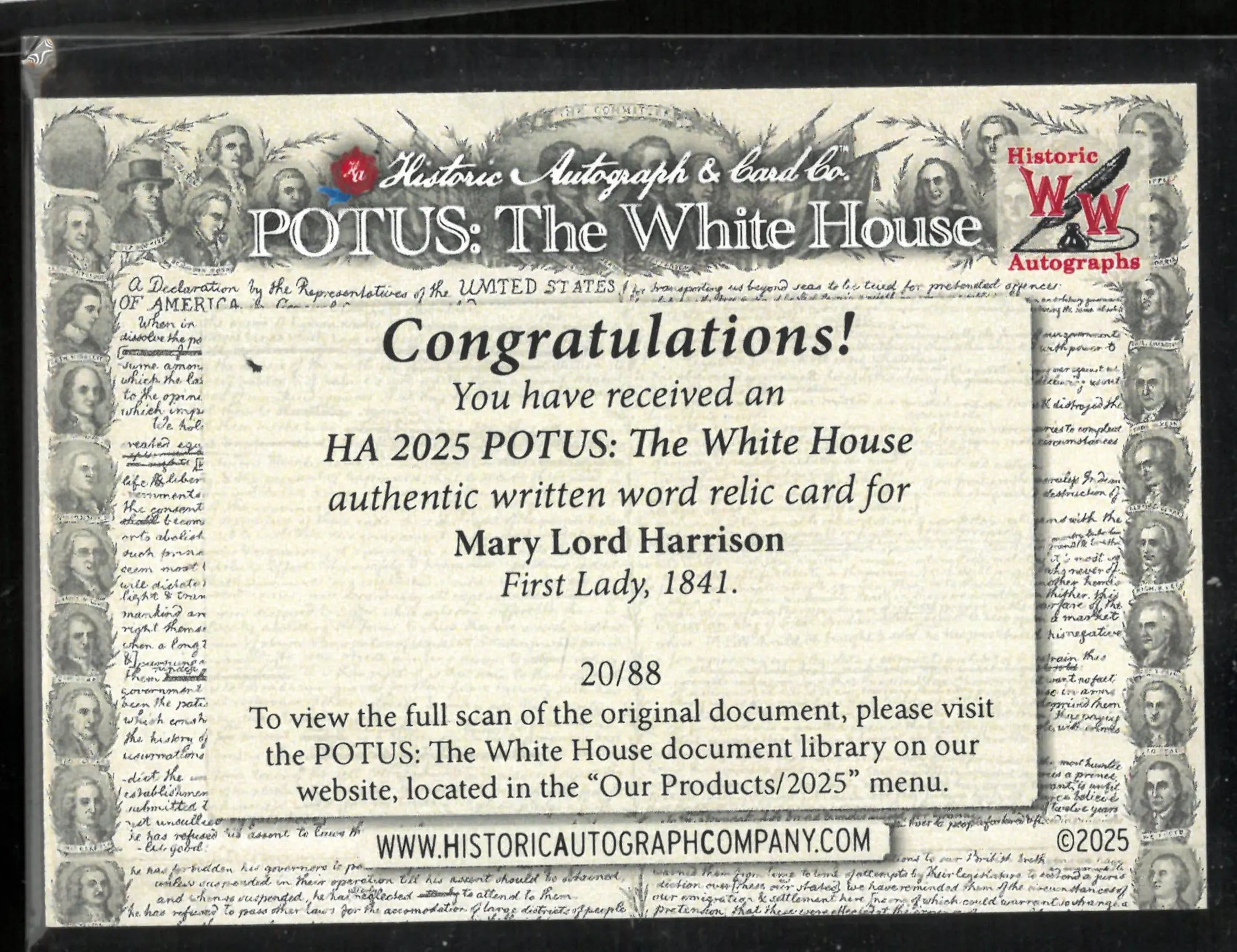 2025 Historic Autograph POTUS: The White House Written Word Relic Mary Lord Harrison 1841 20/88 