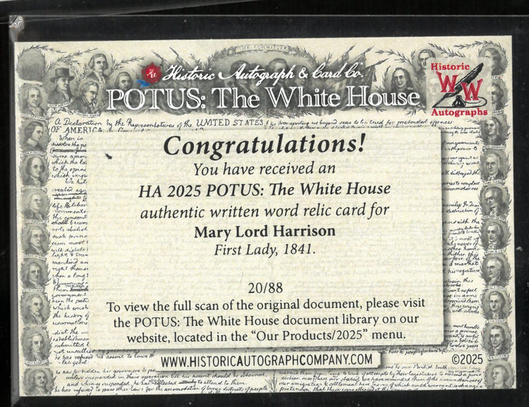 2025 Historic Autograph POTUS: The White House Written Word Relic Mary Lord Harrison 1841 20/88 
