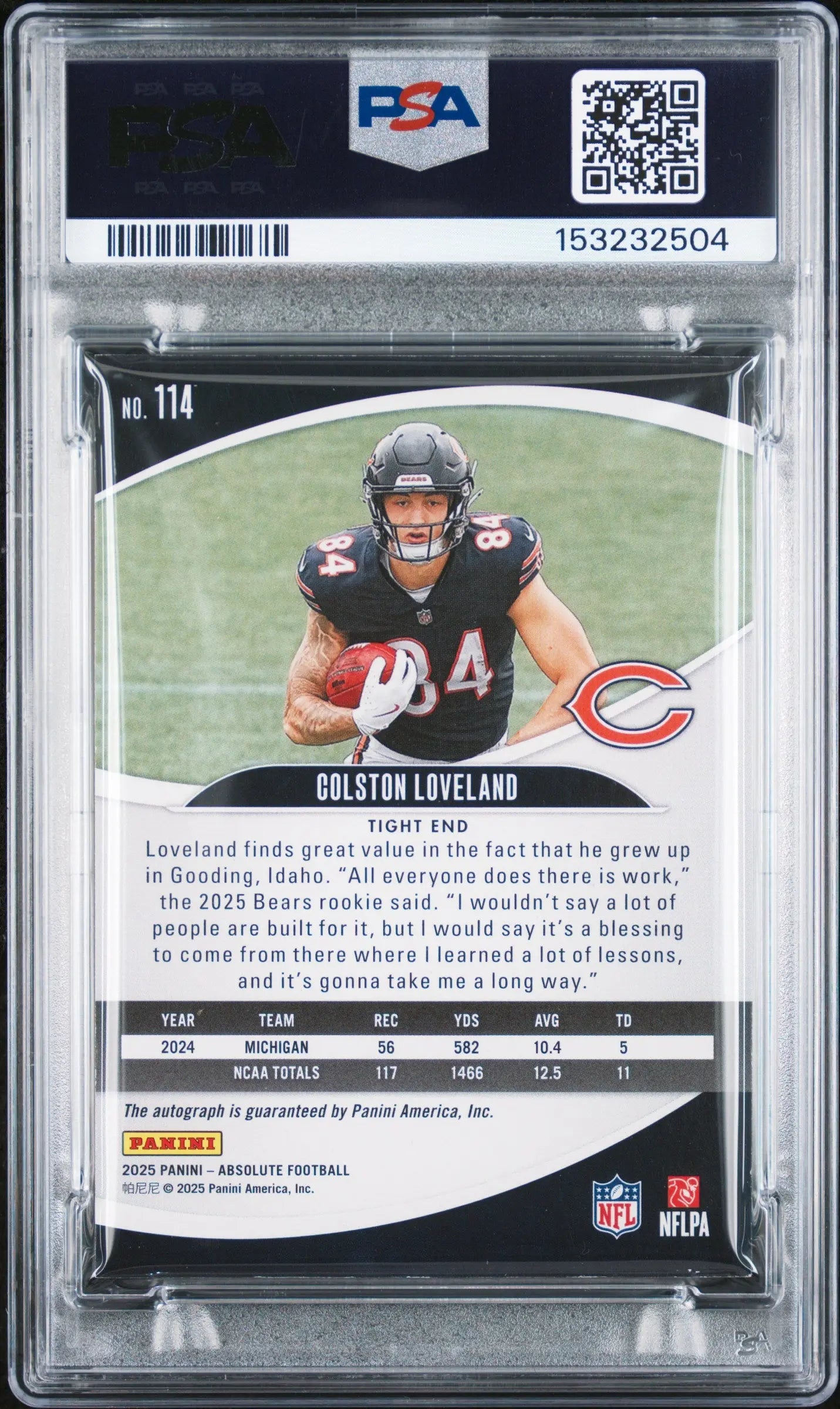 2025 Panini Absolute Rookie Autograph Colston Loveland Auto /299 RC PSA 7 