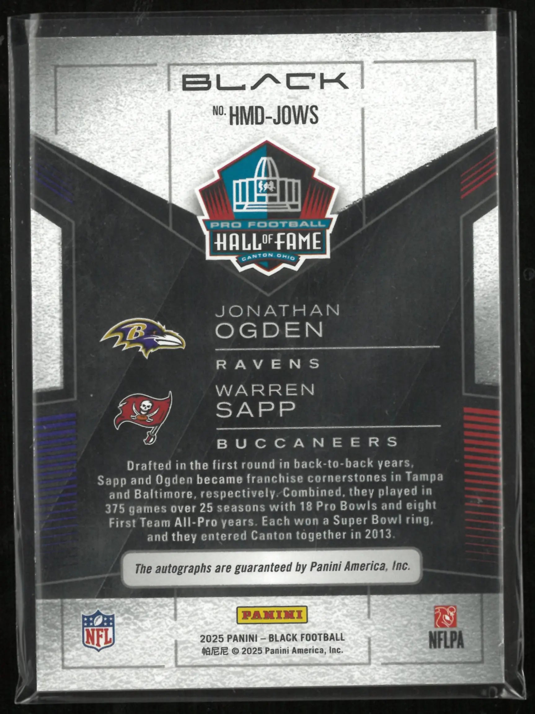 2025 Panini Black Football Hall Mates Jonathan Ogden & Warren Sapp Autograph /25 