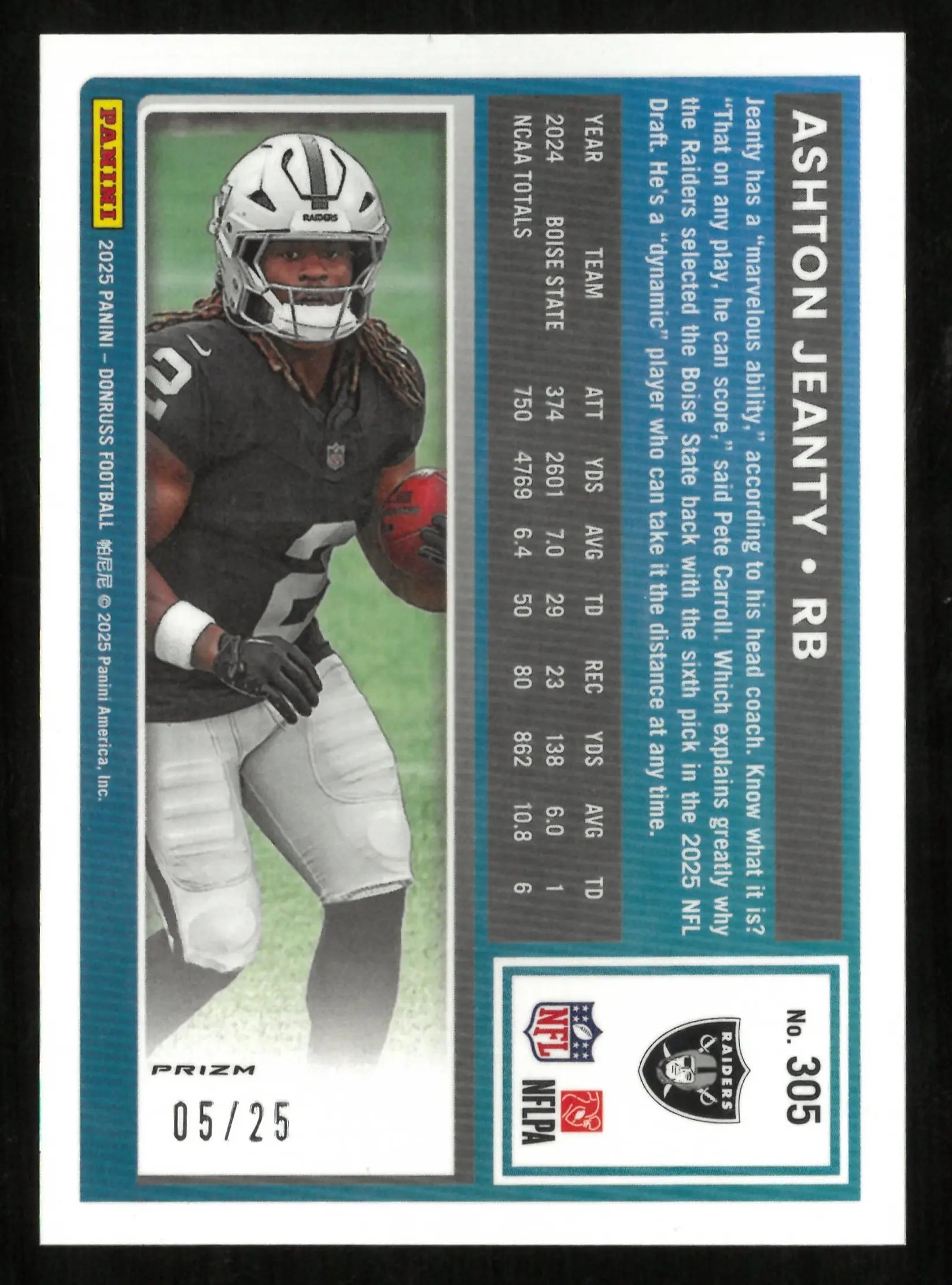 2025 Panini Donruss Football Ashton Jeanty Rated Rookie RC Green Refractor /25 