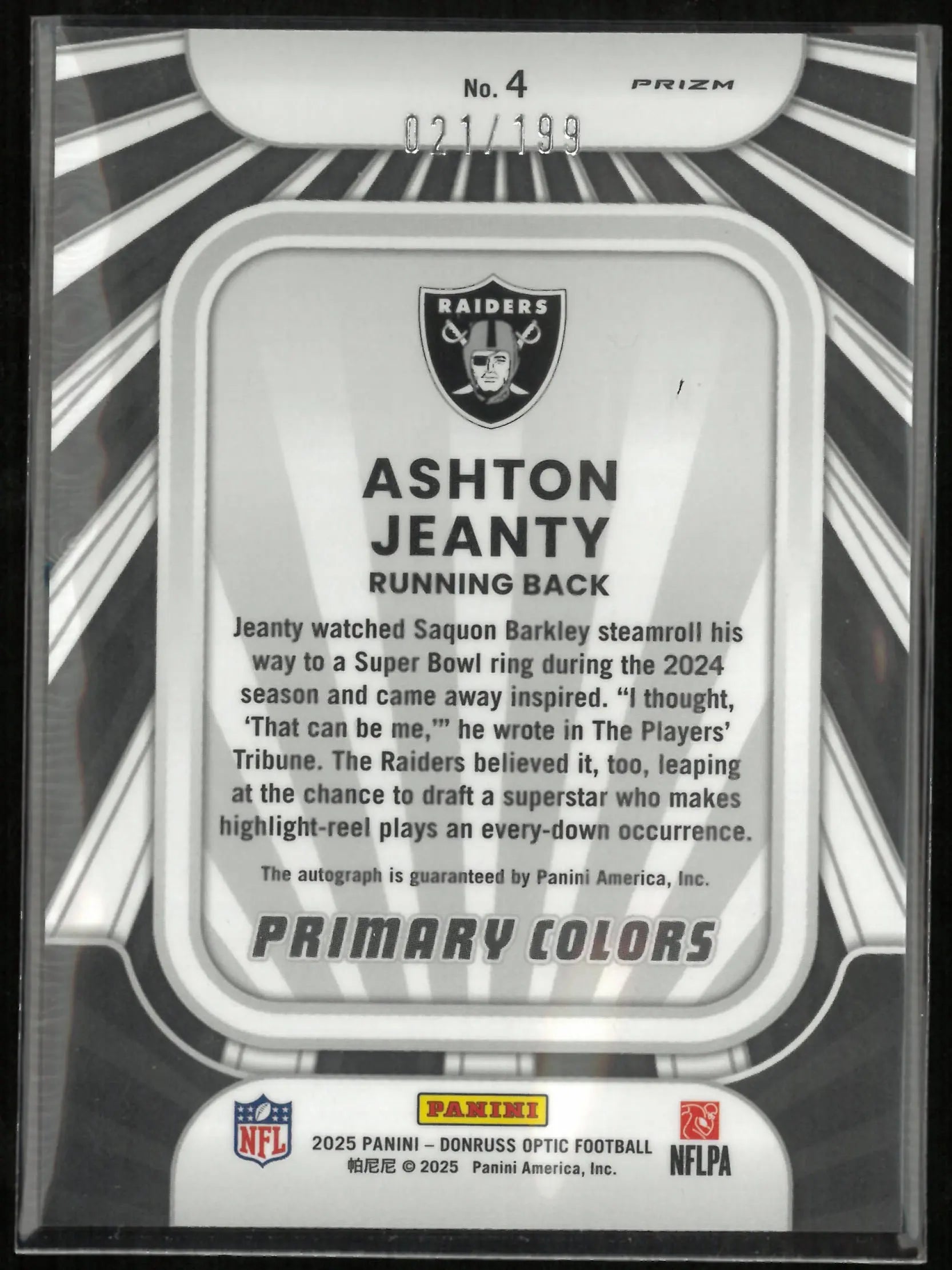 2025 Panini Donruss Optic Ashton Jeanty Autograph Rookie Card 