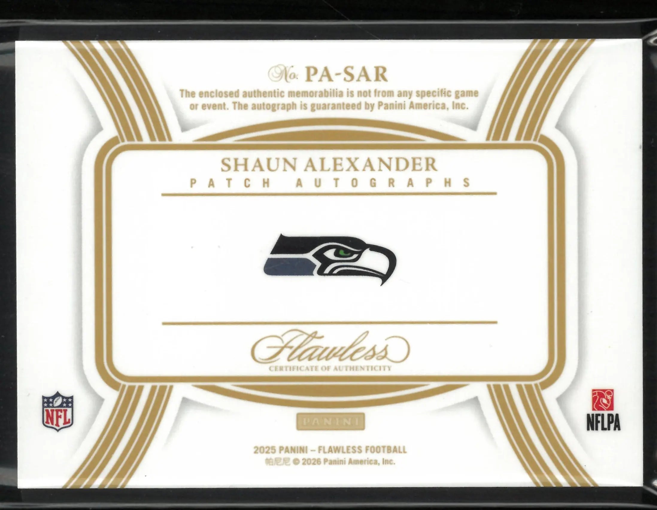2025 Panini Flawless Patch Autograph Shaun Alexander Auto /20 