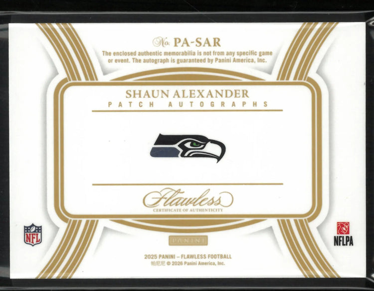 2025 Panini Flawless Patch Autograph Shaun Alexander Auto /20 