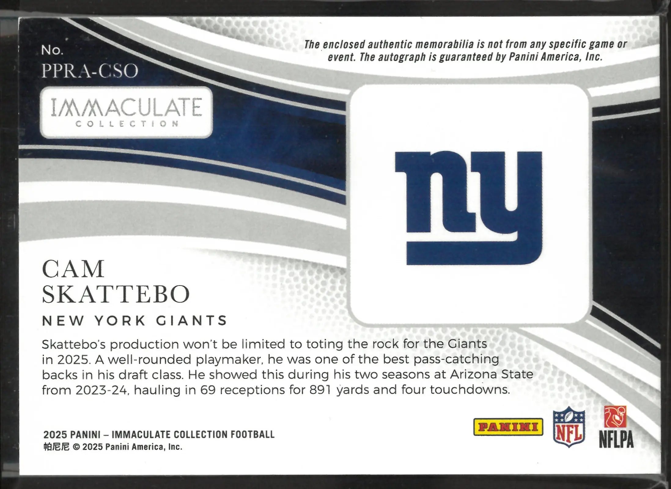 2025 Panini Immaculate Rookie Patch Autograph Cam Skattebo Auto /25 RC 