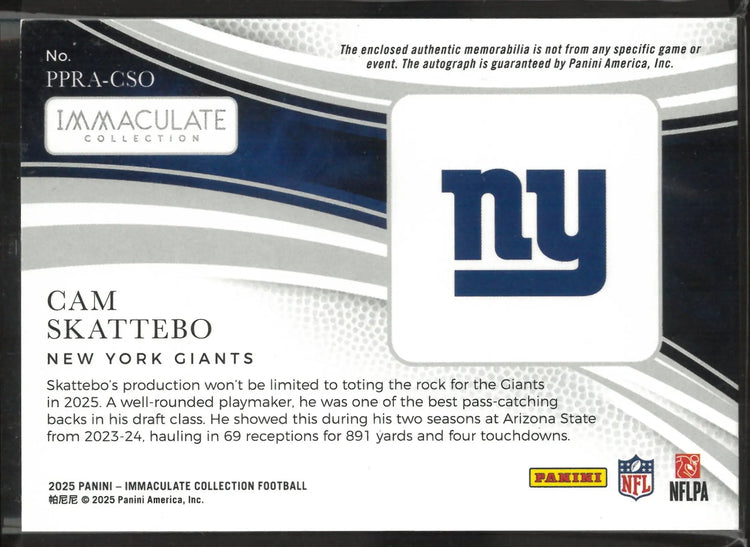 2025 Panini Immaculate Rookie Patch Autograph Cam Skattebo Auto /25 RC 