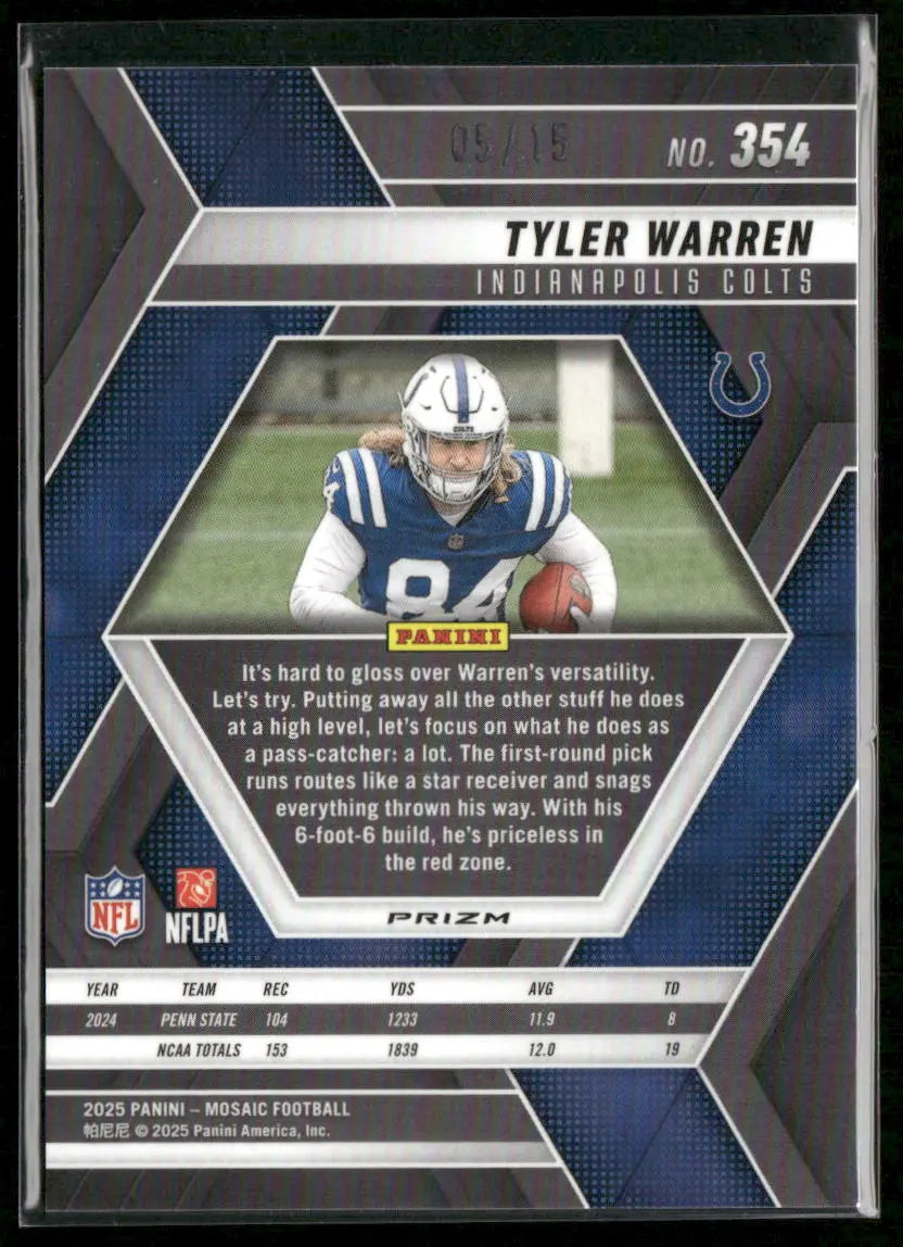 2025 Panini Mosaic Football Blue Fluorescent Rookie Tyler Warren /15 