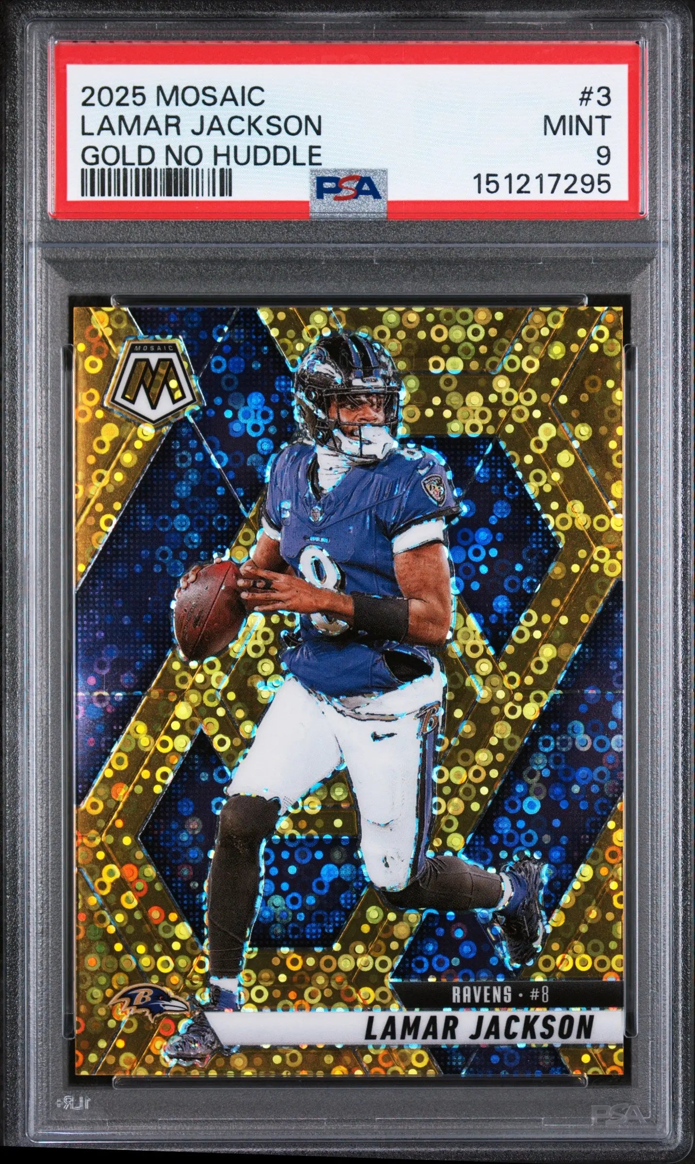 2025 Panini Mosaic Lamar Jackson Gold No Huddle /10 PSA 9 