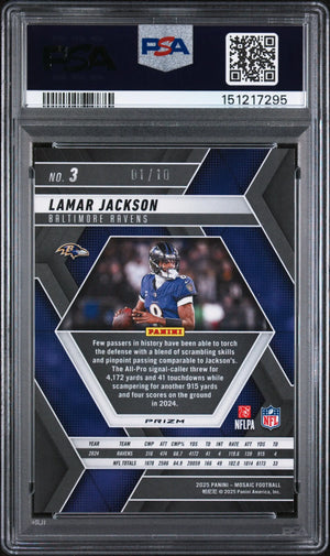 2025 Panini Mosaic Lamar Jackson Gold No Huddle /10 PSA 9 