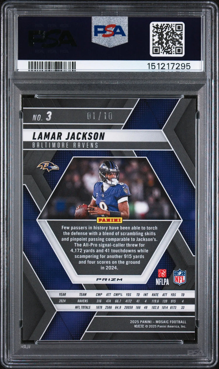 2025 Panini Mosaic Lamar Jackson Gold No Huddle /10 PSA 9 