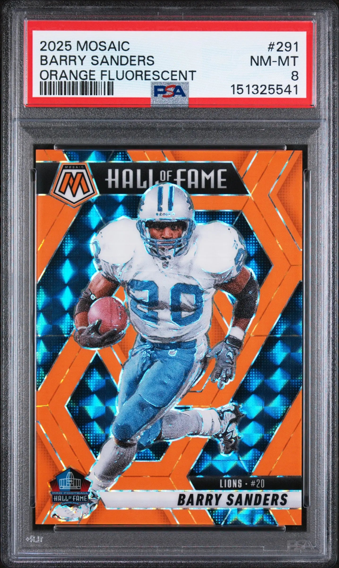 2025 Panini Mosaic Orange Fluorescent Hall Of Fame Barry Sanders #291 /25 PSA 8 