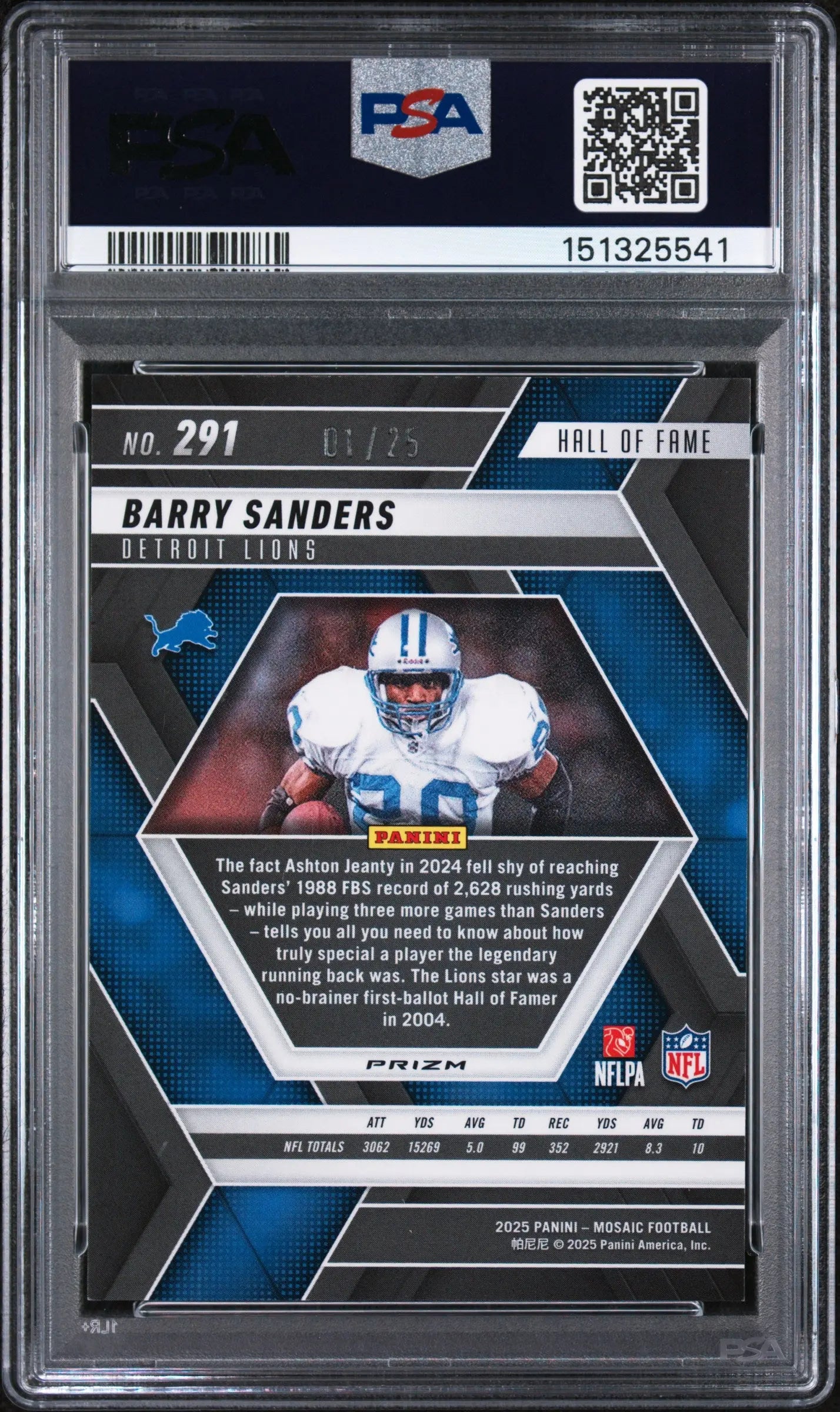 2025 Panini Mosaic Orange Fluorescent Hall Of Fame Barry Sanders #291 /25 PSA 8 